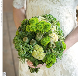 All-green, textural bouquet with herbs, cockscomb, and mums